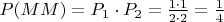 $P(MM)=P_1\cdot P_2=\frac{1\cdot 1}{2\cdot 2}=\frac14$
