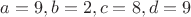 $a = 9, b = 2, c = 8, d = 9$
