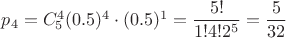 $p_4=C_5^4(0.5)^4\cdot (0.5)^1=\dfrac{5!}{1!4!2^5}=\dfrac{5}{32}$