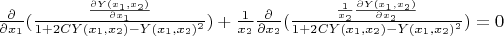 $\frac{\partial}{\partial x_1}(\frac{\frac{\partial Y(x_1,x_2)}{\partial x_1}}{1+2 C Y(x_1,x_2)-Y(x_1,x_2)^2})+\frac{1}{x_2}\frac{\partial}{\partial x_2}(\frac{\frac{1}{x_2}\frac{\partial Y(x_1,x_2)}{\partial x_2}}{1+2 C Y(x_1,x_2)-Y(x_1,x_2)^2})=0$