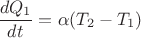 $$\frac{dQ_1}{dt}=\alpha (T_2-T_1)$$ $$\frac{dQ_1}{dt}=\alpha (T_2-T_1)$$