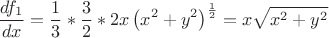 $$ \frac {df_1} {dx} = \frac 1 3 * \frac 3 2 * 2x \left( {x^2}+{y^2} \right)^\frac 1 2 = x\sqrt{{x^2}+{y^2}} $$