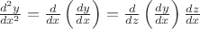 $\frac{d^2y}{dx^2} 
= \frac{d}{dx} \left( \frac{dy}{dx} \right)
= \frac{d}{dz} \left( \frac{dy}{dx} \right) \frac{dz}{dx}
$
