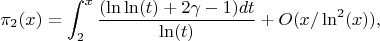 $$\pi_2(x)=\int_2^x {\frac{(\ln\ln(t)+2\gamma-1)dt}{\ln(t)}}+O(x/\ln^2(x)),$$
