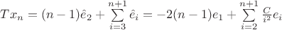 $T x_n = (n-1) \hat e_2 + \sum\limits_{i=3}^{n+1} \hat e_i = -2 (n-1) e_1 + \sum\limits_{i=2}^{n+1} \frac {C} {i^2} e_i$ $T x_n = (n-1) \hat e_2 + \sum\limits_{i=3}^{n+1} \hat e_i = -2 (n-1) e_1 + \sum\limits_{i=2}^{n+1} \frac {C} {i^2} e_i$