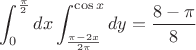 $\displaystyle\int_{0}^{\frac{\pi}{2}}dx\int_{\frac{\pi-2x}{2\pi}}^{\cos x}dy=\dfrac{8-\pi}{8}$