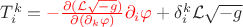 $T_i^k={\color{red}-\frac{\partial(\mathcal{L}\sqrt{-g})}{\partial(\partial_k\varphi)}\partial_i\varphi}+\delta_i^k\mathcal{L}\sqrt{-g}$