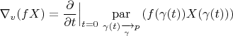 $\nabla_v(fX)=\dfrac{\partial}{\partial t}\Big|_{t=0}\;\underset{{\gamma(t)\xrightarrow[\gamma]{}p}}{\operatorname{par}}\left(f(\gamma(t))X(\gamma(t))\right)$