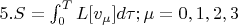 $5.S=   \int_{0}^T  L[v_{\mu}]}d\tau;\mu=0,1,2,3 $