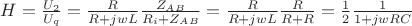 $H = \frac{U_{2}}{U_{q}}= \frac{R}{R + jwL} \frac{Z_{AB}}{R_{i} + Z_{AB}} = \frac{R}{R + jwL} \frac{R}{R+ R} = \frac{1}{2} \frac{1}{{1+jwRC}}$$