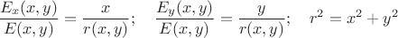 $\dfrac {E_x(x,y)}{E(x,y)}=\dfrac x{r(x,y)};\quad \dfrac {E_y(x,y)}{E(x,y)}=\dfrac y{r(x,y)};\quad r^2=x^2+y^2$