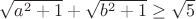 $\sqrt{a^2+1} + \sqrt{b^2+1}\ge \sqrt 5 $