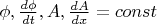 $\phi, \frac{d\phi}{dt}, A, \frac{dA}{dx}=const$
