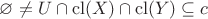 $\varnothing \neq U \cap \mathrm{cl}(X) \cap \mathrm{cl}(Y) \subseteq c$