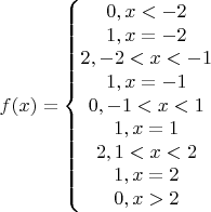 $$f(x) = \left\{\begin{matrix}
0, x<-2\\ 
1,x=-2\\ 
2, -2<x<-1\\ 
1,x=-1\\ 
0,-1<x<1\\
1,x=1\\
2,1<x<2\\
1,x=2\\
0,x>2
\end{matrix}\right.$$