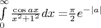 $\[\int\limits_0^\infty  {\frac{{\cos ax}}{{{x^2} + {1^2}}}dx = } \frac{\pi }{2}{e^{ - \left| a \right|}}\]$