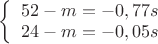 $
\left\{ \begin{array}{l}
52-m=-0,77s\\
24-m =-0,05s
\end{array} \right.
$