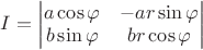 $I=\begin{vmatrix}
 a \cos\varphi&  -a r \sin\varphi\\ 
b \sin\varphi & b r \cos\varphi
\end{vmatrix}$