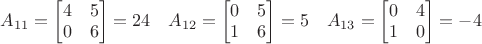 $A_{11}=\begin{bmatrix}4&5\\0&6\end{bmatrix}=24\quad A_{12}=\begin{bmatrix}0&5\\1&6\end{bmatrix}=5\quad A_{13}=\begin{bmatrix}0&4\\1&0\end{bmatrix}=-4$ $A_{11}=\begin{bmatrix}4&5\\0&6\end{bmatrix}=24\quad A_{12}=\begin{bmatrix}0&5\\1&6\end{bmatrix}=5\quad A_{13}=\begin{bmatrix}0&4\\1&0\end{bmatrix}=-4$
