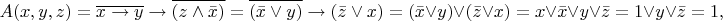 $$A(x,y,z)=\overline{x\rightarrow y}\rightarrow\overline{\left(z\wedge\bar{x}\right)}=
\overline{\left(\bar{x}\vee y\right)}\rightarrow\left(\bar{z}\vee x\right)=
(\bar{x}\vee y)\vee(\bar{z}\vee x)=x\vee\bar{x}\vee y\vee\bar{z}=1\vee y\vee\bar{z}=1,$$