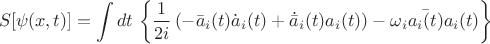 $$ S[\psi(x,t)]=\int dt\,\left\{\frac{1}{2 i}\left(-\bar{a}_i(t)\dot{a}_i(t)+\dot{\bar{a}}_i(t) a_i(t)\right)-\omega_i\bar{a_i(t)}a_i(t)\right\}$$
