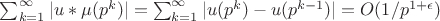 $\sum_{k=1}^{\infty} |u*\mu(p^k)|=\sum_{k=1}^{\infty} |u(p^k)-u(p^{k-1})|=O(1/p^{1+\epsilon})$