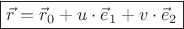 $$\boxed{\vec{r}=\vec{r}_0+u\cdot \vec{e}_1+v\cdot \vec{e}_2}$$