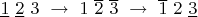 $\underline{1}~\underline{2}~3~\to~1~\overline{2}~\overline{3}~\to~\overline{1}~2~\underline{3}$
