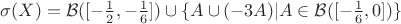 $\sigma(X) = \mathcal{B}([-\frac{1}{2}, -\frac{1}{6}]) \cup \{A \cup (-3  A) | A \in \mathcal{B}([-\frac{1}{6},0]) \}$