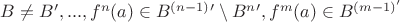 $B \ne B',...,  f^n(a) \in B^{(n-1)}' \setminus B^n' , f^m(a) \in B^{(m-1)'}$