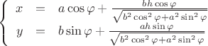 $$
\left\{
\begin{array}{rcl}
x&=&a\cos\varphi+\frac{bh\cos\varphi}{\sqrt{b^2\cos^2\varphi+a^2\sin^2\varphi}}\\
y&=&b\sin\varphi+\frac{ah\sin\varphi}{\sqrt{b^2\cos^2\varphi+a^2\sin^2\varphi}}
\end{array}
\right.
$$