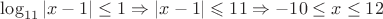 $ \log_{11}{\left|{x-1}\right|} \le1 \Rightarrow \left|{x-1}\right| \leqslant 11 \Rightarrow -10 \le x \le 12 $
