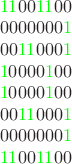 $\\
\textcolor{green}{1} \textcolor{green}{1} 00\textcolor{green}{1} \textcolor{green}{1} 00\\ 
0000000\textcolor{green}{1} \\ 
00\textcolor{green}{1} \textcolor{green}{1} 000\textcolor{green}{1} \\ 
\textcolor{green}{1} 0000\textcolor{green}{1} 00\\ 
\textcolor{green}{1} 0000\textcolor{green}{1} 00\\ 
00\textcolor{green}{1} \textcolor{green}{1} 000\textcolor{green}{1} \\ 
0000000\textcolor{green}{1} \\ 
\textcolor{green}{1} \textcolor{green}{1} 00\textcolor{green}{1} \textcolor{green}{1} 00\\ 
$