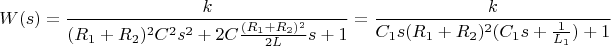 $$ W(s) = \frac{k}{(R_1 + R_2)^2 C^2 s^2 + 2 C \frac{(R_1 + R_2)^2}{2 L} s + 1 }
 = \frac{k}{ C_1 s (R_1 + R_2)^2 (C_1 s + \frac{1}{ L_1}) + 1 } $$