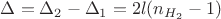 $\[\Delta  = {\Delta _2} - {\Delta _1} = 2l({n_{{H_2}}} - 1)\]$