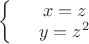 $\left\{
\begin{array}{rcl}
&x=z& \\
&y=z^2& \\
\end{array}
\right.$
