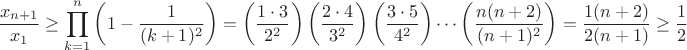 $$ \frac{x_{n+1}}{x_1} \geq \prod_{k=1}^n \left(1-\frac{1}{(k+1)^2}\right)= \left( \frac{1 \cdot 3}{2^2} \right) \left( \frac{2 \cdot 4}{3^2} \right) \left( \frac{3 \cdot 5}{4^2} \right) \cdots \left( \frac{n(n+2)}{(n+1)^2} \right)=\frac{1(n+2)}{2(n+1)}\geq \frac{1}{2} $$