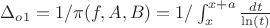 $\Delta_{o1}=1/\pi(f,A,B)=1/\int_{x}^{x+a}{\frac {dt} {\ln(t)}}$