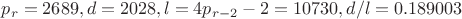 $p_r=2689, d=2028, l=4p_{r-2}-2=10730, d/l=0.189003$