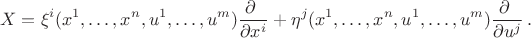 $$
X = \xi^i(x^1, \dots, x^n, u^1, \dots, u^m)\dfrac{\partial \ }{\partial x^i} + \eta^j(x^1, \dots, x^n, u^1, \dots, u^m)\dfrac{\partial \ }{\partial u^j}\,.
$$
