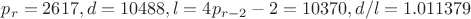 $p_r=2617, d=10488, l=4p_{r-2}-2=10370, d/l=1.011379$