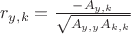 $r_{y,k}=\frac{-A_{y,k}}{\sqrt{A_{y,y}A_{k,k}}}$