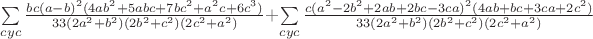 $\sum\limits_{cyc}\frac{bc(a-b)^2(4ab^2+5abc+7bc^2+a^2c+6c^3)}{33(2a^2+b^2)(2b^2+c^2)(2c^2+a^2)}+\sum\limits_{cyc}\frac{c(a^2-2b^2+2ab+2bc-3ca)^2(4ab+bc+3ca+2c^2)}{33(2a^2+b^2)(2b^2+c^2)(2c^2+a^2)}$