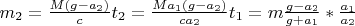 $m_2=\frac{M(g-a_2)}{c}t_2=\frac{Ma_1(g-a_2)}{ca_2}t_1=m\frac{g-a_2}{g+a_1}*\frac{a_1}{a_2}$