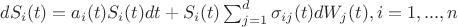 $dS_i(t)=a_i(t)S_i(t)dt+S_i(t)\sum_{j=1}^d\sigma_{ij}(t)dW_j(t), i=1,...,n$