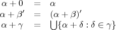 $$
\begin{array}{ccl}
\alpha + 0 &=& \alpha \\
\alpha + \beta' &=& (\alpha + \beta)' \\
\alpha + \gamma &=& \bigcup \{ \alpha + \delta : \delta \in \gamma \}
\end{array}
$$