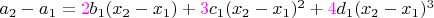 $a_2-a_1={\color{magenta}2}b_1(x_2-x_1)+{\color{magenta}3}c_1(x_2-x_1)^2+{\color{magenta}4}d_1(x_2-x_1)^3$