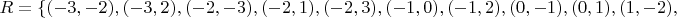 $R=\left\lbrace(-3, -2), (-3, 2), (-2, -3), (-2, 1), (-2, 3), (-1, 0), (-1, 2), (0, -1), (0, 1), (1, -2),\right$
