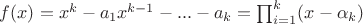 $f(x)=x^k-a_1x^{k-1}-...-a_k=\prod_{i=1}^k (x-\alpha_k)$