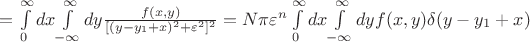 $=\int\limits_0^\infty dx$\int\limits_{-\infty}^\infty dy\frac{f(x,y)}{[(y-y_1+x)^2+\varepsilon^2]^2}=N\pi \varepsilon^n\int\limits_0^\infty dx$\int\limits_{-\infty}^\infty dy f(x,y)\delta(y-y_1+x)$